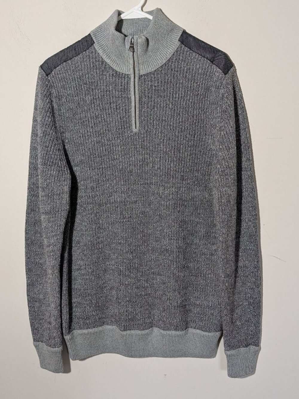 Paraphrase 1/4-Zip  Mock Neck Cotton Knit Sweater Accent Panels Sz L Marled Grey